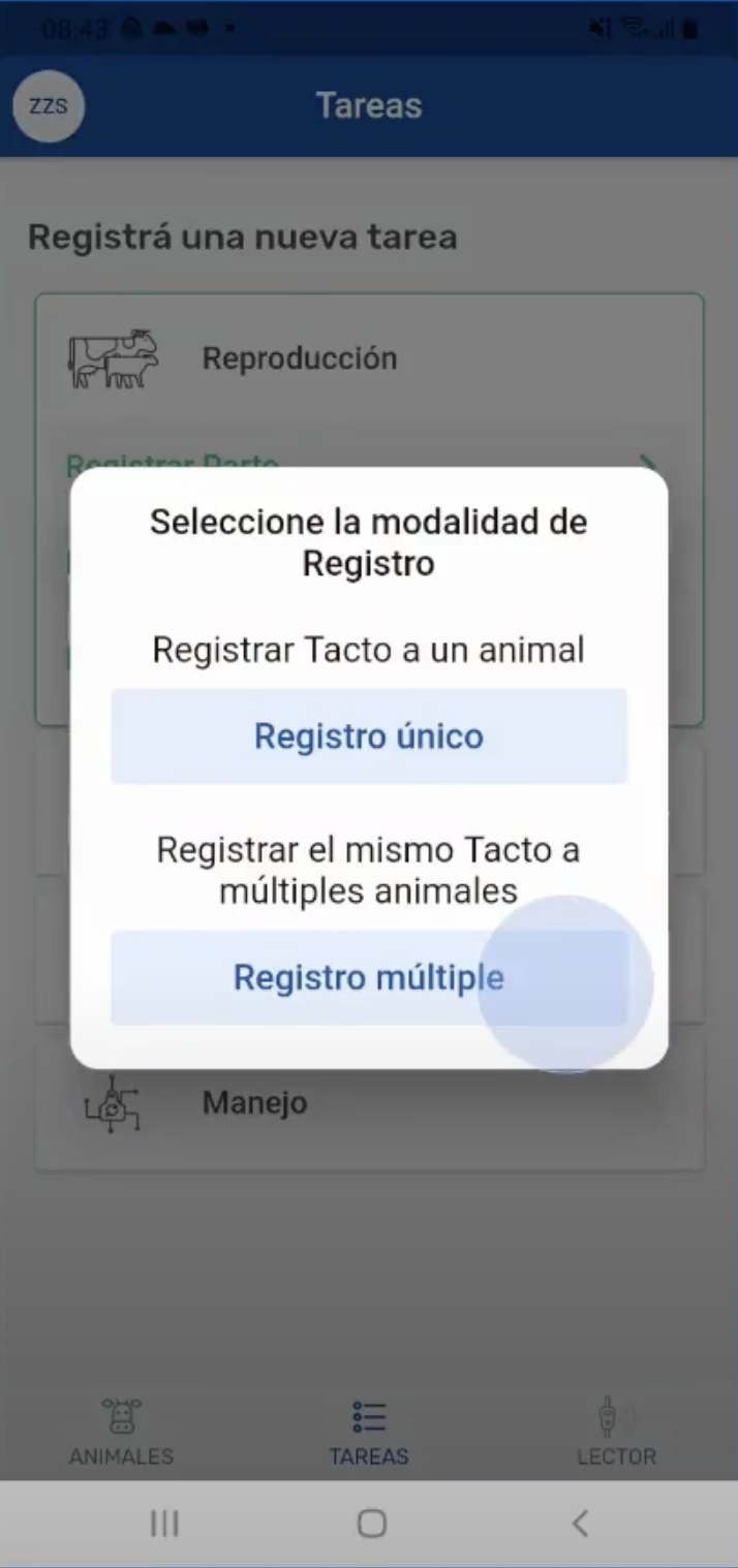 Registro de tacto, opción Registro Multiple